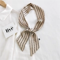 Elegant beige narrow silk scarf with black logo pattern tied in a bow on a white shirt - 7*110cm / English Letter SCNH