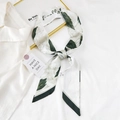 Long white silk scarf with dark green leaf patterns and finally lettering text - 14A Fresh Flower