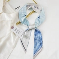 Elegant blue and white bird print silk twilly scarf with natural forest pattern tied detail - 15A Blue Forest