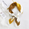 Elegant geometric square silk scarf in yellow and brown tied in a stylish bow - Beige Geometric Patchwork