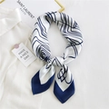 Elegant navy and white geometric silk scarf paired with a classic white shirt - Minimalist Line Navy Border