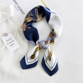 Elegant navy and gold horse motif silk square scarf styled on a white shirt - Navy Blue Square Saddle