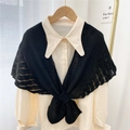 Knitted black shawl with hollow wave pattern tied in a bow over a white blouse - 50*90cm / Black