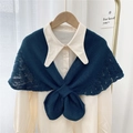 Navy blue knitted shawl scarf with镂空patterns styled over a cream shirt - 50*90cm / Navy Blue