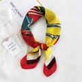 Elegant silk-like square scarf featuring bold red, yellow and green geometric patterns - Colorful Stripe Horse Red Border