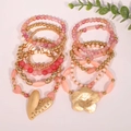 Boho handgefertigtes Perlenarmband-Set mit Herz- und Blumenanhängern in Rosa und Gold - Rosa Gold 11-Teiliges Set (S-595-11条)