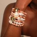 Bohemian orange acrylic beaded bracelet set with pearls and gold heart charms - Orange Pink