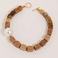Handmade beaded necklace with wooden resin square beads, large pearl, and golden OT clasp - Mixed Color Wood Resin Large Pearl Style (X-1088)