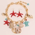 Starfish and shell necklace set with turquoise turtle charms for beach vacations - X-951 Necklace + Earrings