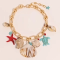 Golden chunky chain necklace with starfish, turtle and shells for beach vacations - X-951 Necklace