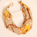 Detail of bohemian floral print silk scarf necklace with golden beads and wooden buckle - Beige Floral Fabric Scarf With Wood Buckle (X-909)