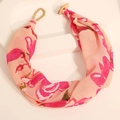 Detail of bohemian floral print fabric necklace with gold beads and wood button - Pink Orange Floral Fabric Scarf With Wood Buckle (X-909)