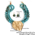 Detailed dimensions of turquoise beaded layered necklace with gold heart pendant - Irregular Pendant Necklace + Earrings