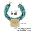 Detail view of turquoise beaded necklace and gold textured pendant with dimensions - Square Pendant Necklace + Earrings