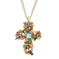 Handmade beaded cross necklace featuring colorful glass beads and wooden accents - Colorful Beaded Cross Style (X-592)