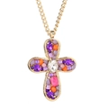 Handcrafted gold cross pendant necklace with purple zircon and multicolored gemstone inlay - Colorful Inlaid Cross (X-595)
