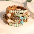 Bohemian multi-layer beaded bracelet with wood beads, sea star and shell charms - Bohemian Starfish Shell Multi-layer Style (S-531)