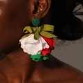 Exaggerated floral statement earrings with red and white fabric petals and green beads - Green 3D Flower Earrings (E-1868撞色)