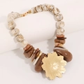 Bohemian beaded necklace with marble resin beads and golden maple leaf pendant - Brown and White Marble Beaded Gold Leaf Style (X-1081)