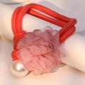 Pink chiffon flower hair tie with large faux pearl and orange braided elastic rope - Pink Single Pearl Style (X-701)