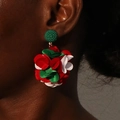 Handmade red green floral fabric ball earrings with gold-toned finish for holiday style - Red Green White Fabric Petal Earrings (E-1869撞色)