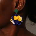 Chunky handmade floral pom-pom earrings with colorful beads on dark skin model - Blue Yellow White Fabric Pendant Earrings (E-1869)