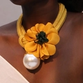 Exaggerated necklace with yellow woven rope, large fabric flower and pearl pendant - Bright Yellow Flower Pearl Pendant (X-692)