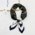 Elegant 70x70 navy and dark green square silk scarf with heart and wave patterns - Green Heart Love