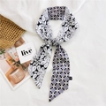 Gray checkered and black waterdrop print skinny silk scarf tied in a stylish loop - Droplet Plaid Gray