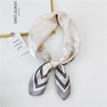 Elegant beige silk-feel square scarf with geometric patterns and navy border detailing - Orange Double Row Grid