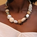 Chunky statement necklace with white faux pearls, gold metal spheres, and beige irregular beads - Pearl Metal Ball Mixed Beaded (X-680)