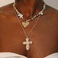 Layered gold necklace featuring a stone bead chain with a heart and a cross pendant - Layered Cross Heart Pendant (X-675)