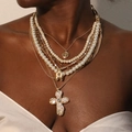Multilayer vintage necklace set with pearls, wooden beads, and golden cross pendant - Cross Letter A Layered Set (X-667)
