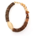 Handmade necklace with dark coconut shells, wooden beads, and a gold metal plate pendant - Dark Coffee