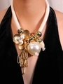 Chunky bohemian necklace featuring white braided rope, gold flower petals and pearl accents - Gold Petal Pearl White Rope Tassel (X-636)