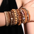 Bohemian multi-layer bracelet set with wooden beads and amber crystals in gold tones - 18-Piece Bohemian Warm Brown Bracelet Set (S-371)