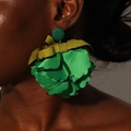 Exaggerated large green fabric flower earrings with ribbon bow and beaded top detail - Emerald Green Fabric Petal Bow Earrings (E-1868 Green)