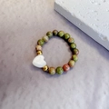 3mm green natural stone beaded elastic ring with gold accents and heart pearl charm - Unakite with Heart Shell Charm