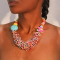 Multilayer bohemian seed bead necklace with turquoise and pink flower charms - Colorful Seed Beads Turquoise Pink Flower (X-908)