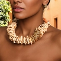 Exaggerated fashion necklace featuring beige acrylic rings and golden metallic accents - Off-white Ring Stacked Gold Metal Link (X-860)
