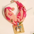 Pink floral fabric choker necklace with a gold square pendant and ocean-themed charms - Rose Red Floral Square Hammered Sea Pendant Necklace (X-915)