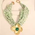 Bohemian silk fabric necklace with green heart print and golden flower pendant - Green Heart Fabric Gold Flower Gemstone Necklace (X-910)