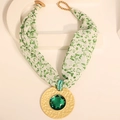 Bohemian floral fabric choker necklace with a gold hammered disc and green gemstone - Green Heart Fabric Gold Round Gemstone Necklace (X-910)