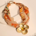 Bohemian printed fabric necklace featuring a golden floral pendant with a yellow gemstone - Yellow Floral Fabric Gold Flower Gemstone Necklace (X-911)