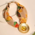 Bohemian floral fabric choker necklace with a gold hammered disk and yellow gemstone - Yellow Floral Fabric Gold Round Gemstone Necklace (X-911)