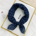 Navy blue cotton linen scarf with yellow geometric floral print in a gold frame - Navy Blue with Yellow Dots