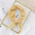 Yellow linen cotton square scarf with colorful diamond patterns tied as a bow - Yellow Colorful Grid