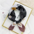 Floral cotton linen scarf with daisy print and burgundy geometric border details - Black Daisy Geometric