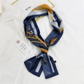 Narrow silk scarf with blue and yellow equestrian horse print on white shirt - Equestrian Geometric (5F)