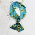 Sky blue floral narrow silk scarf with Van Gogh almond blossom print and silver buckle - Oil Painting Floral Branches (8F)
